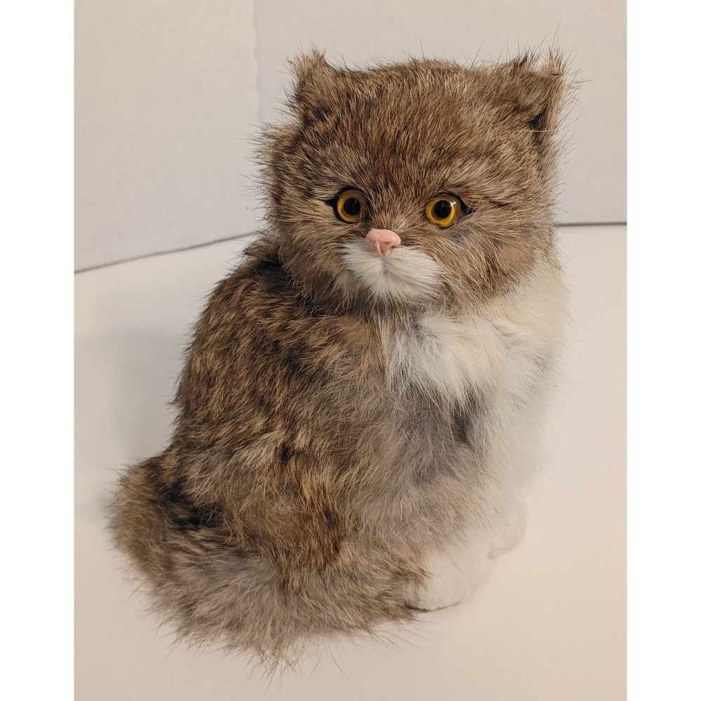 Vintage 7.25" Realistic Lifelike Sitting KITTY CAT Tan Brown White,Realistic Fur